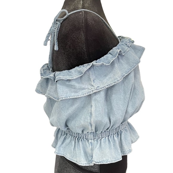 American Eagle RUFFLE BUBBLE CROP Denim Blouse Size L - Picture 4 of 7